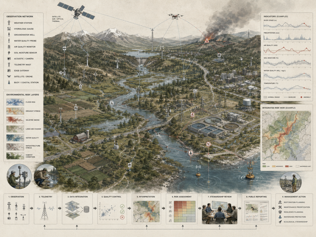 Restrained environmental monitoring infrastructure diagram showing watershed sensors, satellites, drones, telemetry, risk layers, water systems, air quality, soil monitoring, stewardship review, and management action.