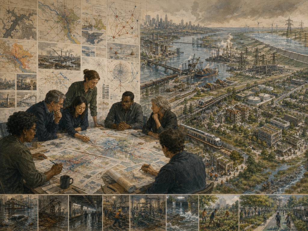 Infrastructure planners study future systems across ports, power grids, transit, water, housing, climate risk, and ecological restoration.