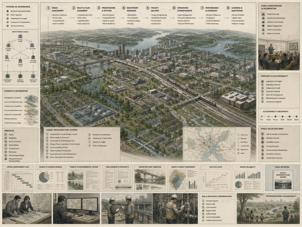 Restrained infrastructure governance diagram showing regional infrastructure systems, planning stages, public agencies, evidence layers, oversight pathways, accountability checkpoints, and public-value outcomes.