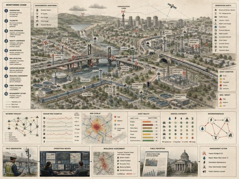 Restrained infrastructure monitoring diagram showing urban sensors, telemetry links, asset condition, risk overlays, service continuity, operations review, public reporting, and resilience assessment.