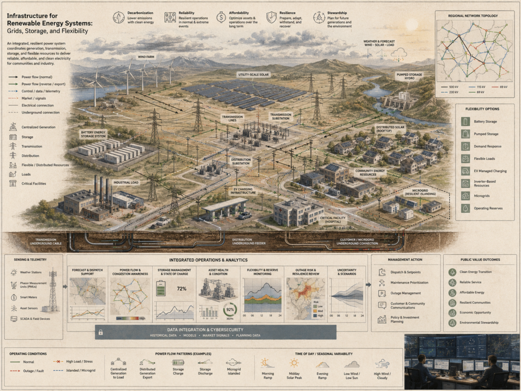 Restrained renewable energy infrastructure diagram showing wind farms, solar arrays, transmission lines, substations, battery storage, pumped hydro, distributed generation, microgrids, telemetry, and flexibility planning.