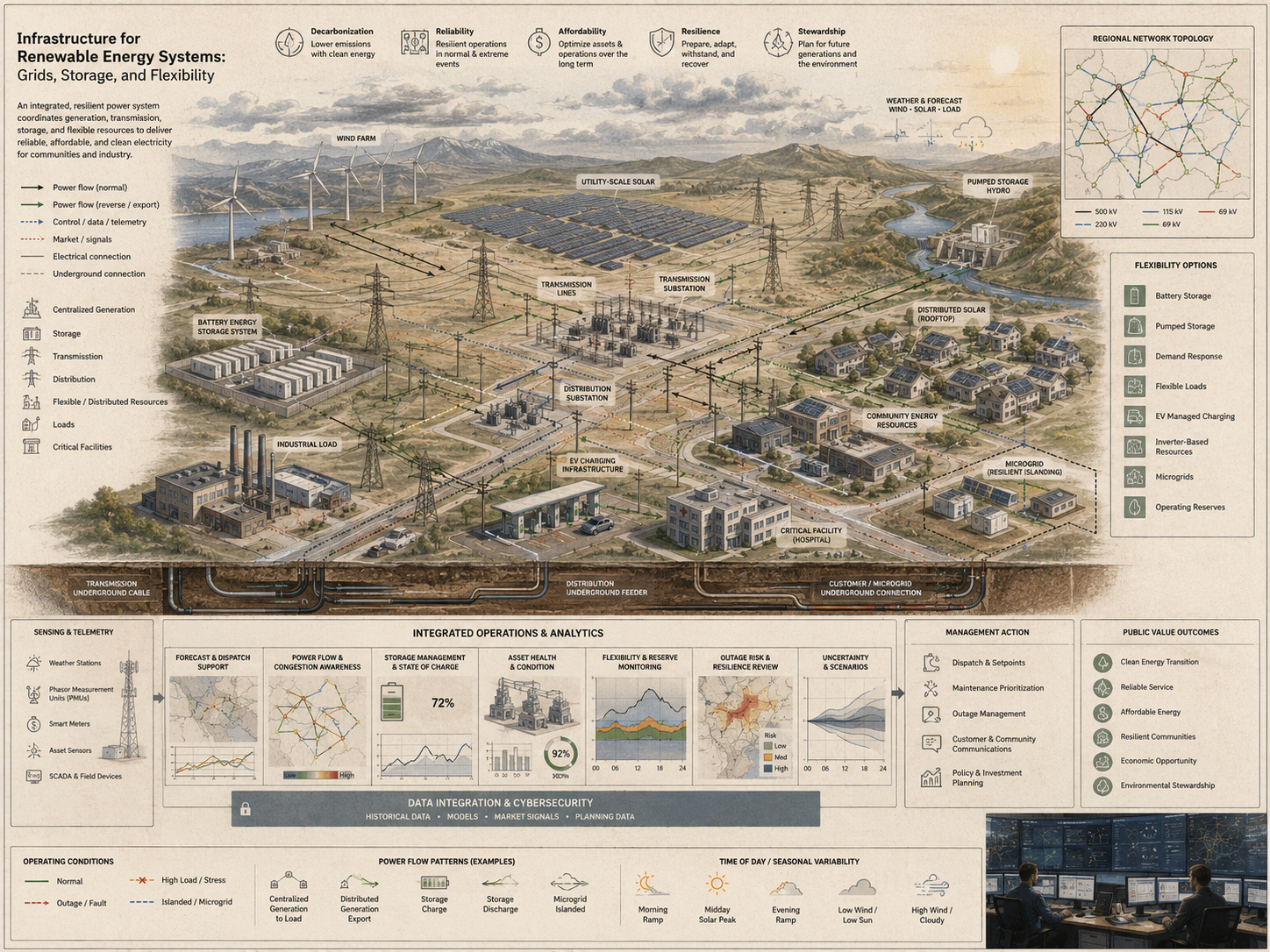 Restrained renewable energy infrastructure diagram showing wind farms, solar arrays, transmission lines, substations, battery storage, pumped hydro, distributed generation, microgrids, telemetry, and flexibility planning.