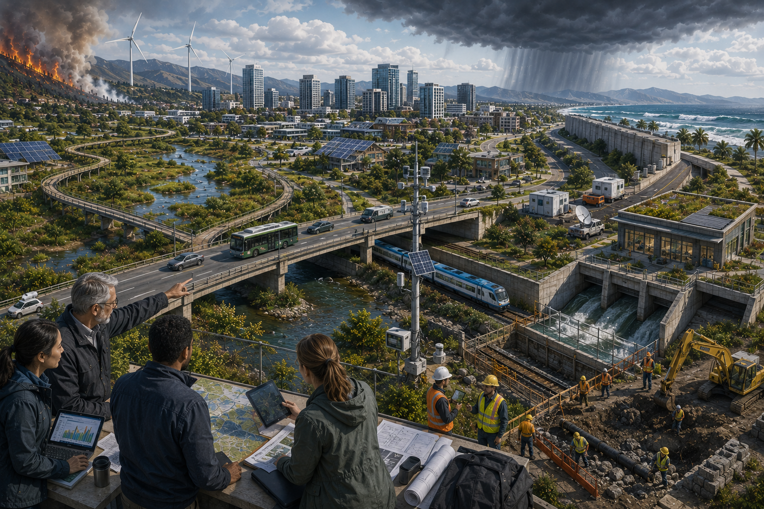 Panoramic illustration of a resilient city with bridges, transit, water infrastructure, renewable energy, green infrastructure, storm defenses, wildfire risk, and planners coordinating system upgrades.