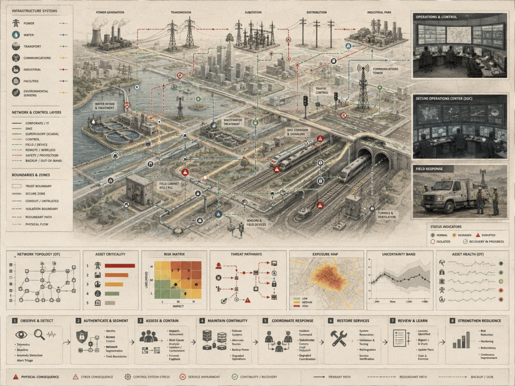 Restrained infrastructure security diagram showing power, water, transport, communications, industrial systems, OT networks, segmentation, risk pathways, continuity planning, response, and recovery workflows.