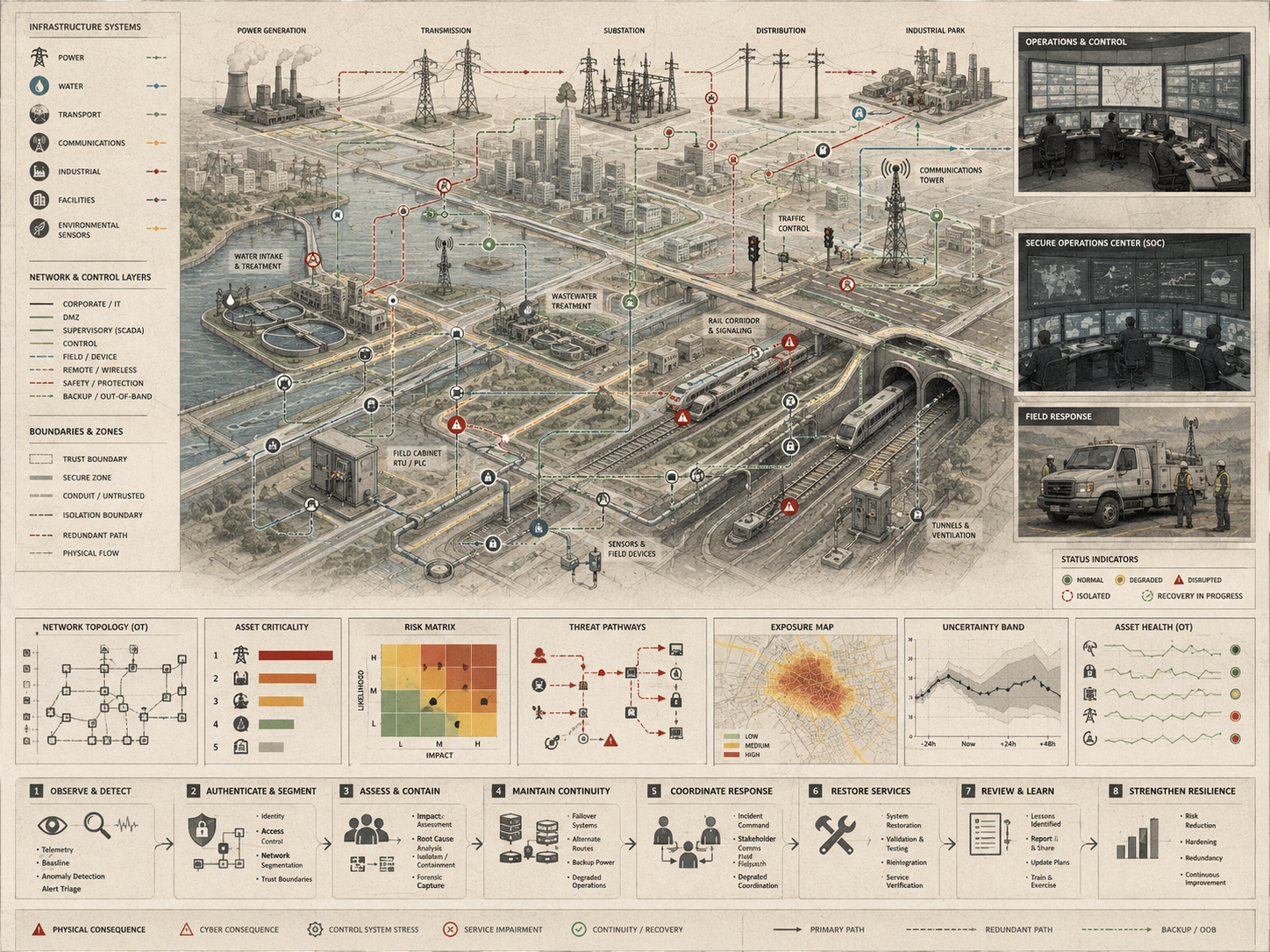 Restrained infrastructure security diagram showing power, water, transport, communications, industrial systems, OT networks, segmentation, risk pathways, continuity planning, response, and recovery workflows.