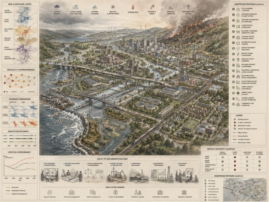 Climate adaptation infrastructure diagram showing coastal flooding, extreme heat, wildfire, drought, stormwater systems, transport networks, water systems, resilience projects, and implementation pathways.