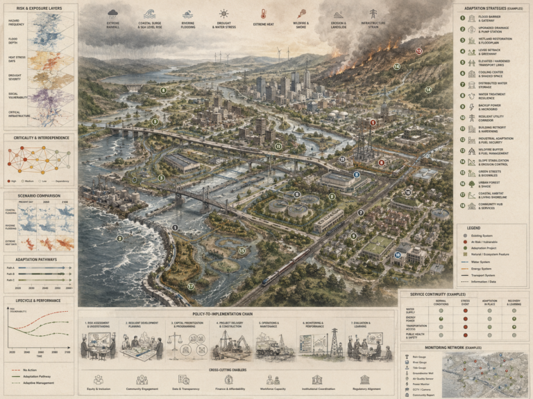 Climate adaptation infrastructure diagram showing coastal flooding, extreme heat, wildfire, drought, stormwater systems, transport networks, water systems, resilience projects, and implementation pathways.