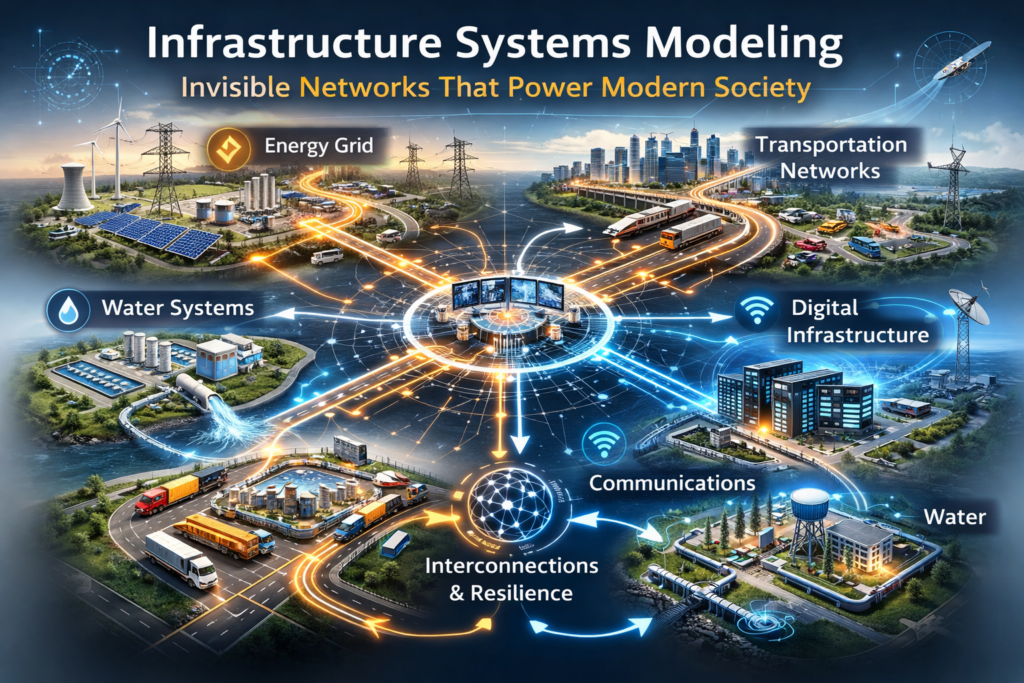 Illustration showing interconnected infrastructure systems including energy grids, transportation networks, water systems, and digital infrastructure operating as a complex network.