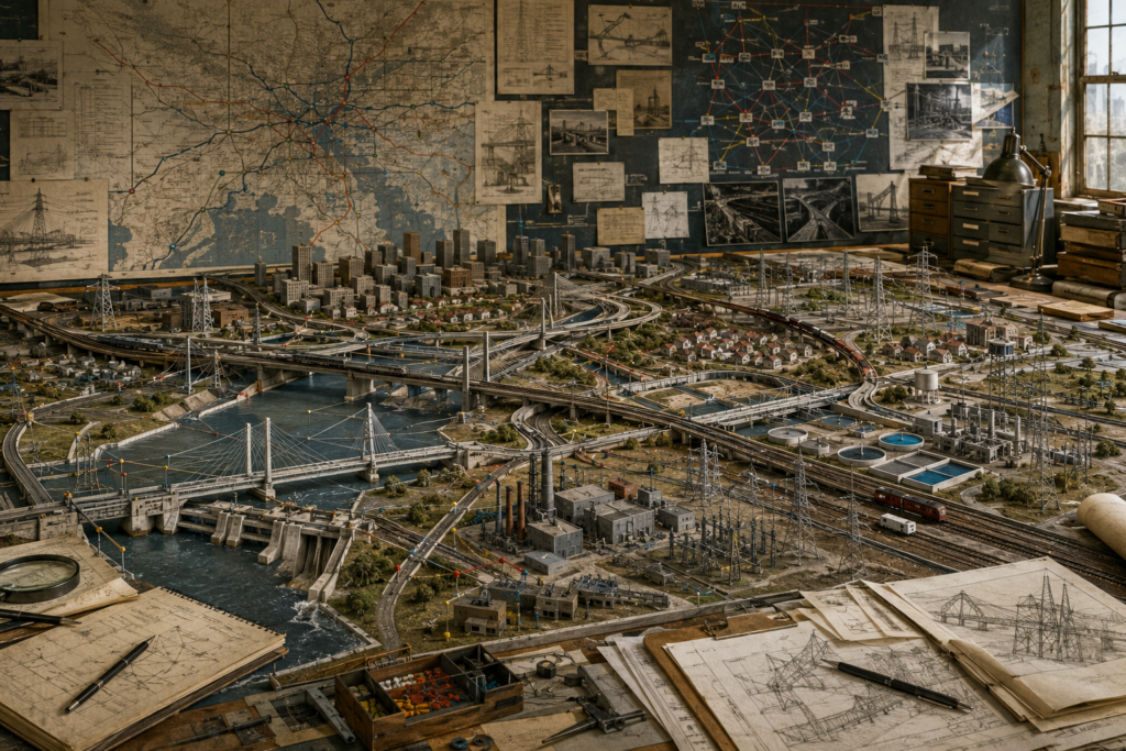 Engineering workshop with a large infrastructure model showing bridges, highways, rail lines, power grids, water systems, substations, city districts, and wall-mounted planning maps.