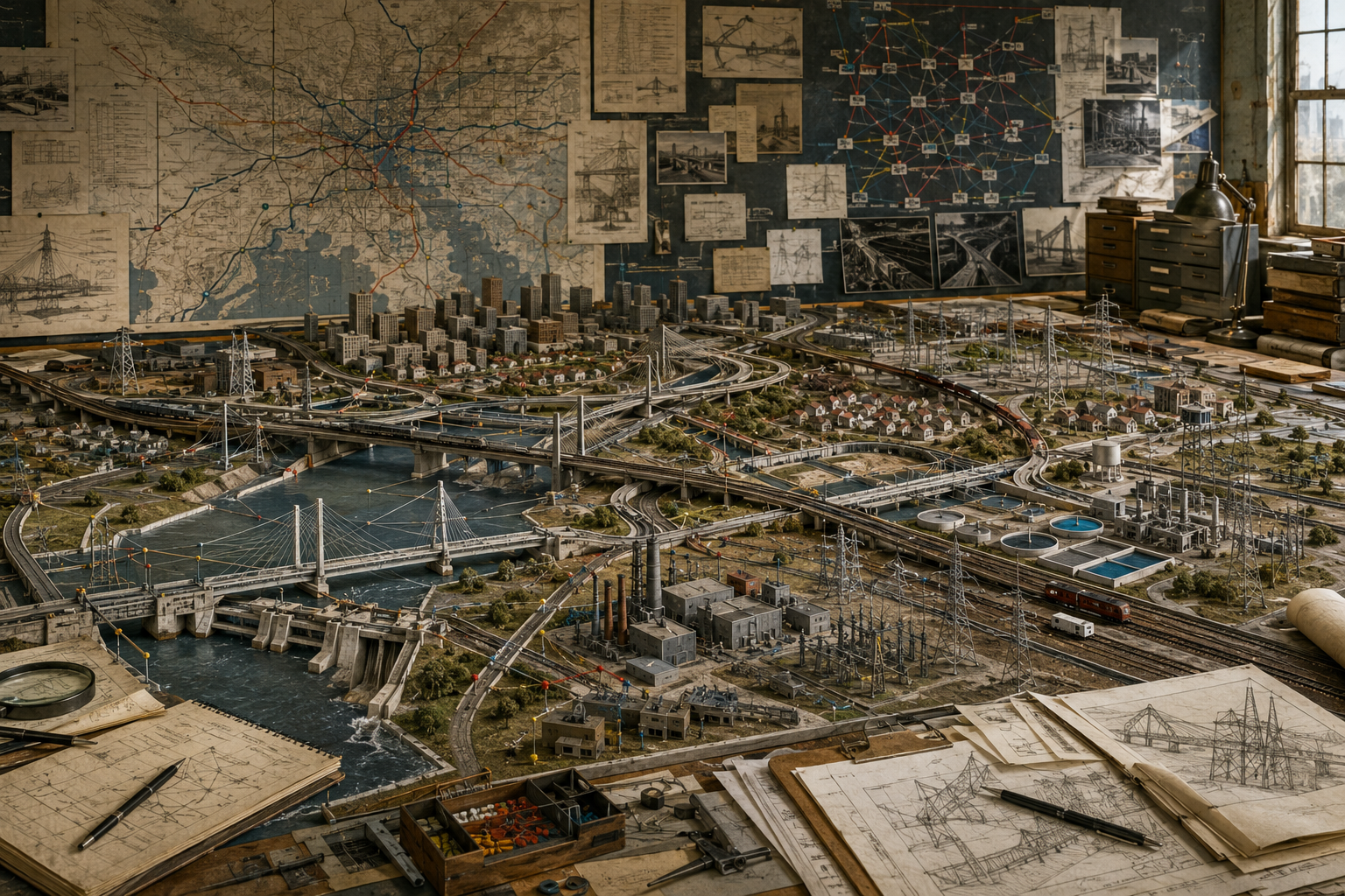 Engineering workshop with a large infrastructure model showing bridges, highways, rail lines, power grids, water systems, substations, city districts, and wall-mounted planning maps.