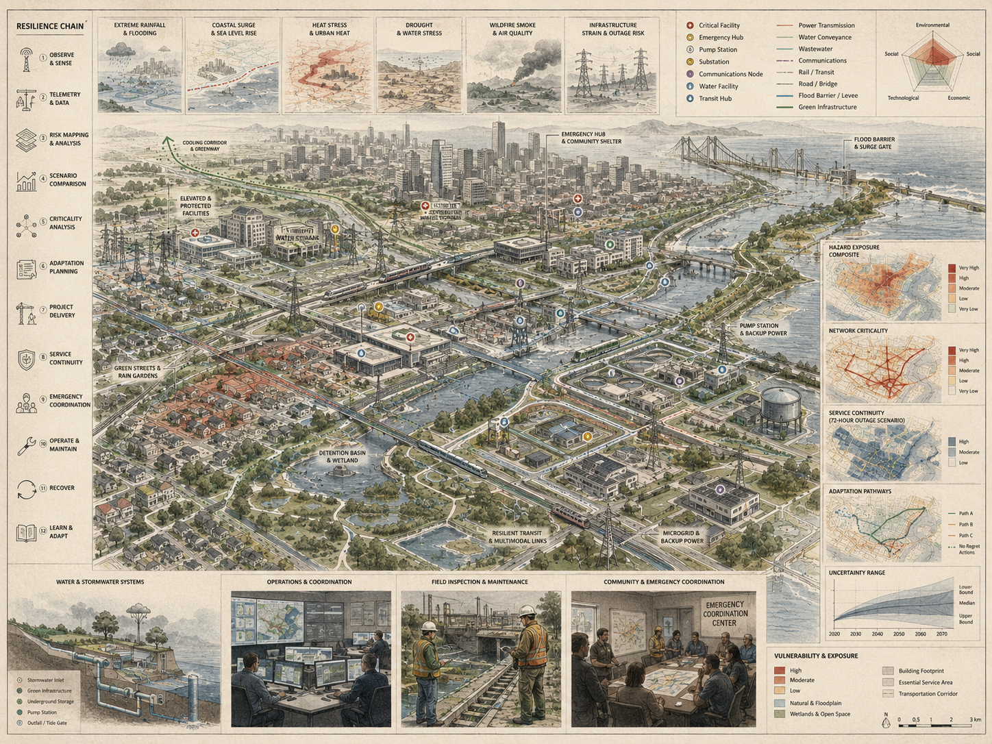 Restrained urban resilience infrastructure diagram showing flood barriers, pump stations, resilient transit, backup power, green infrastructure, hazard exposure, service continuity, and adaptation pathways.