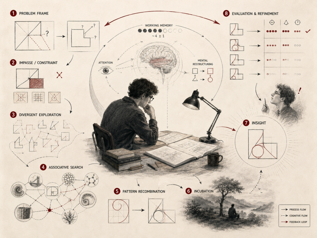 Research-grade conceptual illustration showing creative problem solving as a cognitive process involving problem framing, impasse, divergent exploration, associative search, pattern recombination, incubation, insight, evaluation, and refinement.