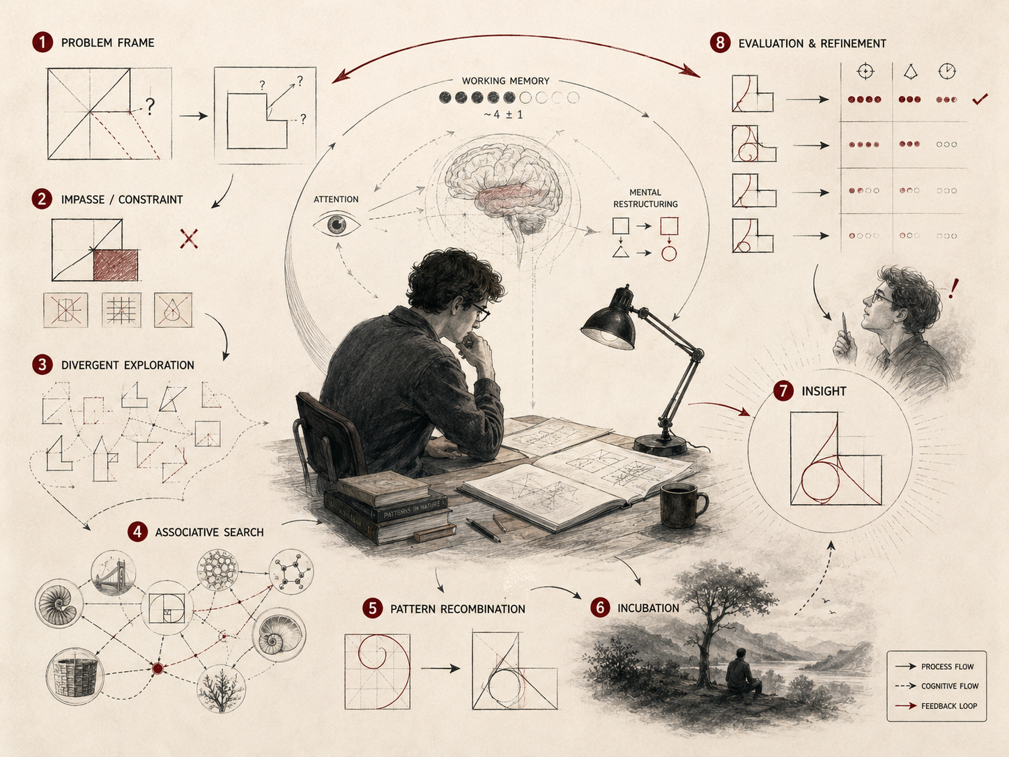 Research-grade conceptual illustration showing creative problem solving as a cognitive process involving problem framing, impasse, divergent exploration, associative search, pattern recombination, incubation, insight, evaluation, and refinement.