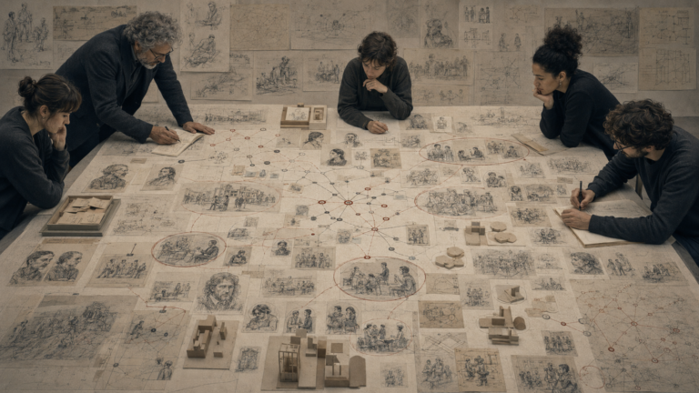 Editorial illustration of a design research table covered with portrait sketches, field observations, clustered themes, network diagrams, synthesis maps, and small prototype models.