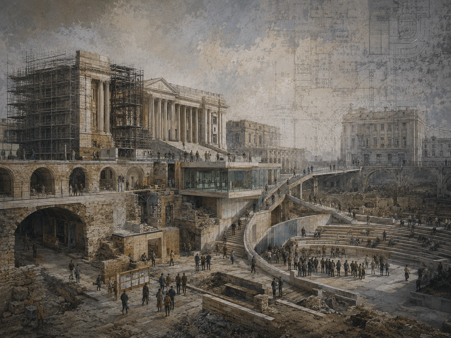 Restrained institutional illustration of a civic complex under renovation, with people moving through new pathways, public spaces, scaffolding, and layered architectural change.