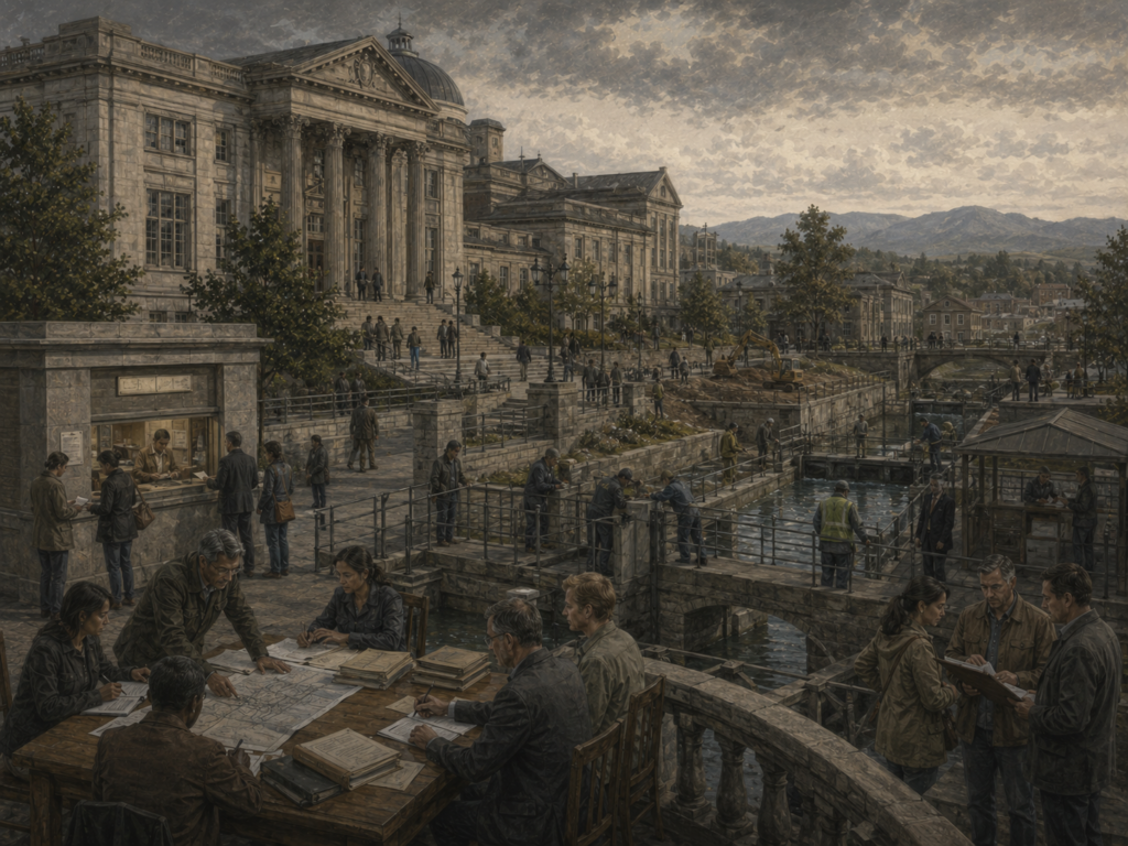 Restrained civic illustration of institutional enforcement, public oversight, regulatory review, construction work, records, and shared infrastructure near government buildings.