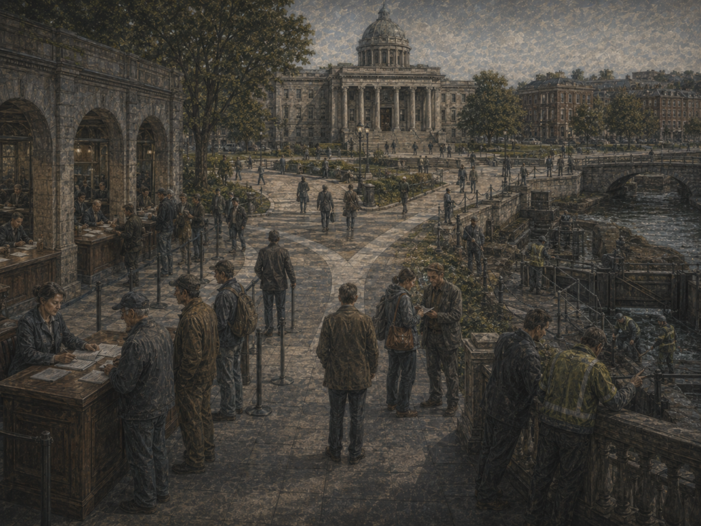Restrained civic illustration of people responding to institutional procedures, incentives, oversight, public records, and shared infrastructure in a muted urban plaza.