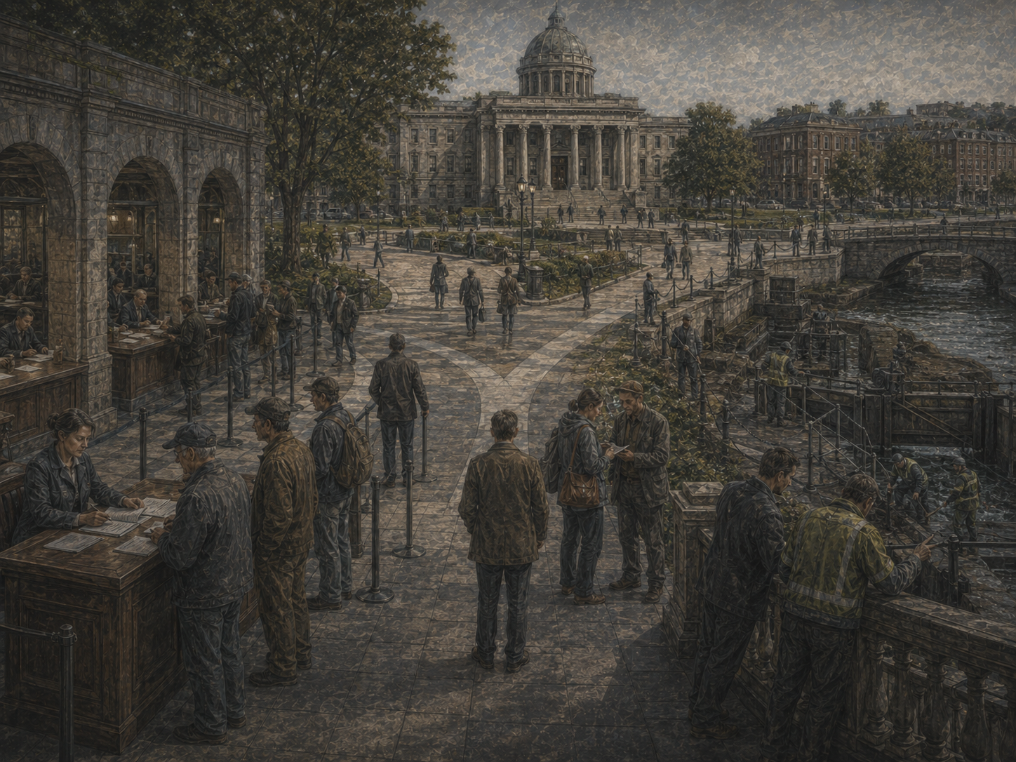 Restrained civic illustration of people responding to institutional procedures, incentives, oversight, public records, and shared infrastructure in a muted urban plaza.