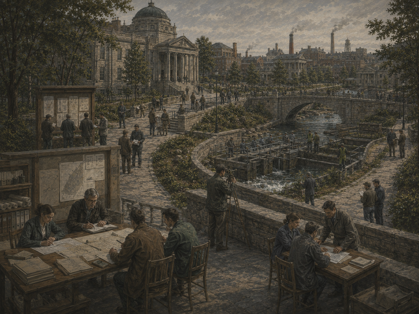 Restrained civic illustration of institutional learning, with people studying plans, observing infrastructure, maintaining records, and revising public systems near government buildings and waterways.