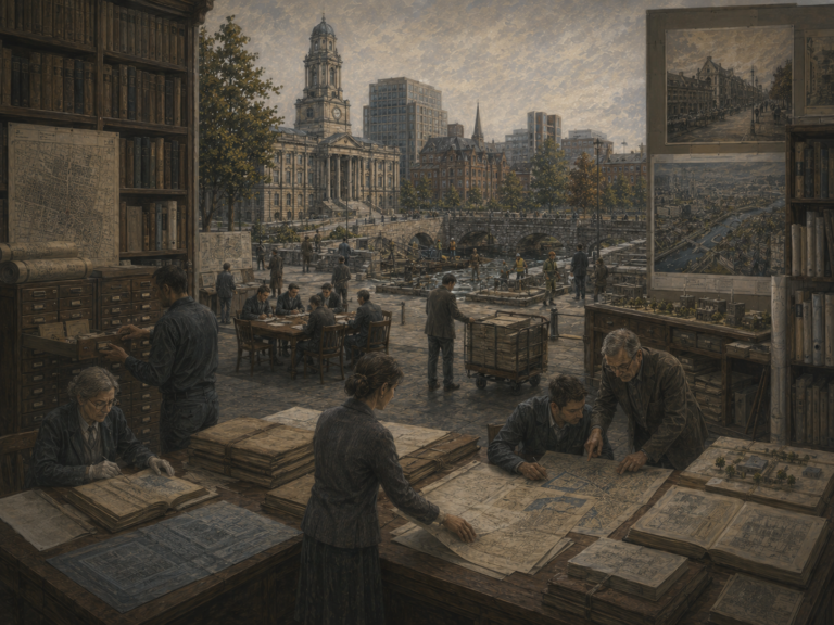 Restrained institutional illustration of an archive and planning office, with records, maps, books, civic buildings, and people preserving knowledge across time.