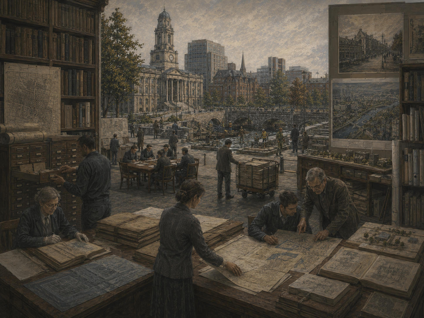 Restrained institutional illustration of an archive and planning office, with records, maps, books, civic buildings, and people preserving knowledge across time.