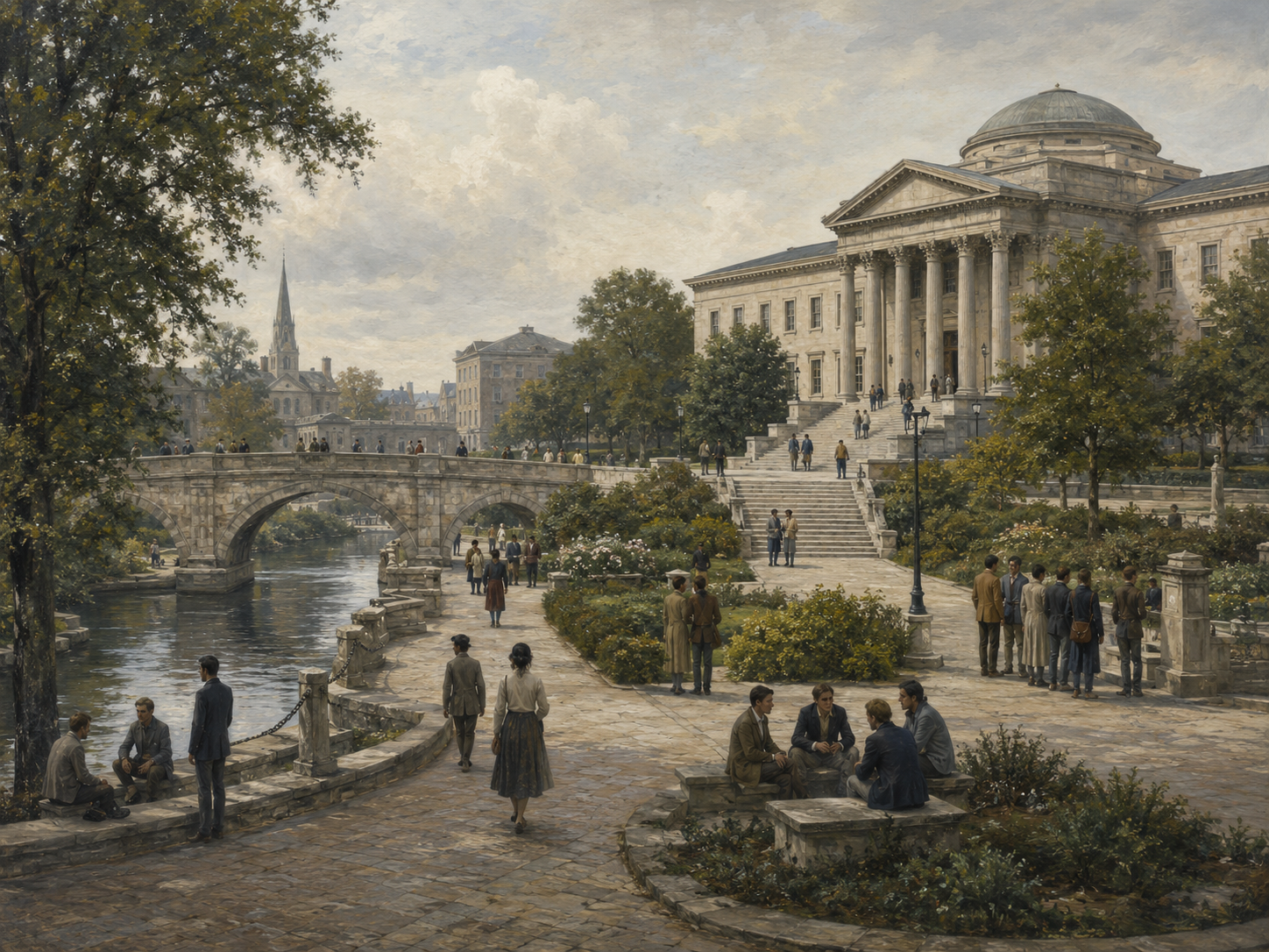 Restrained civic illustration of people moving calmly through a public plaza near institutional buildings, gardens, a stone bridge, and a river.