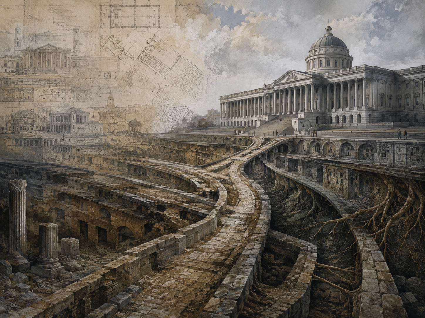 Painterly institutional landscape showing old stone pathways, buried foundations, civic ruins, and a modern public building shaped by earlier routes and historical layers.