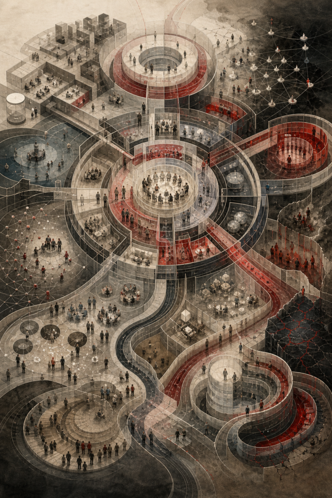 Editorial scientific illustration of institutional psychology as a governance behavior systems architecture, showing rules, norms, legitimacy, trust, compliance, procedural justice, institutional memory, collective action, reform pathways, fragmentation pressure, and institutional resilience.