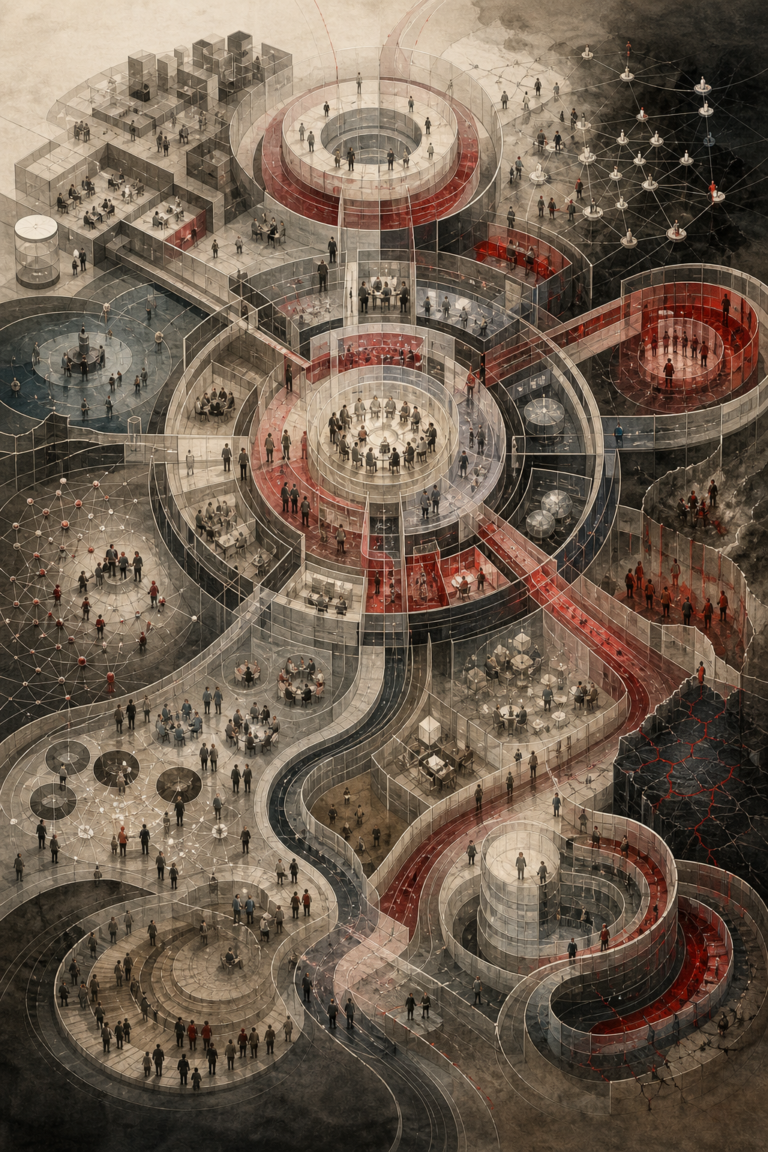Editorial scientific illustration of institutional psychology as a governance behavior systems architecture, showing rules, norms, legitimacy, trust, compliance, procedural justice, institutional memory, collective action, reform pathways, fragmentation pressure, and institutional resilience.