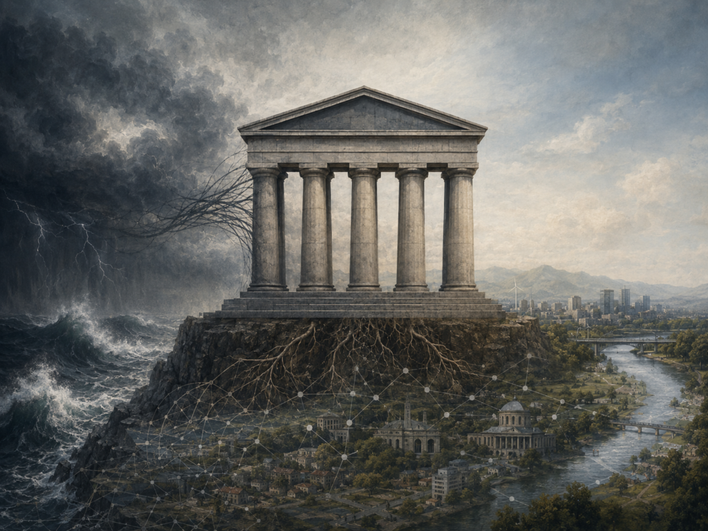 Restrained institutional illustration of a classical civic structure rooted above a complex city system, with storm clouds and waves on one side and a calmer landscape on the other.