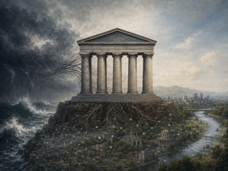 Restrained institutional illustration of a classical civic structure rooted above a complex city system, with storm clouds and waves on one side and a calmer landscape on the other.