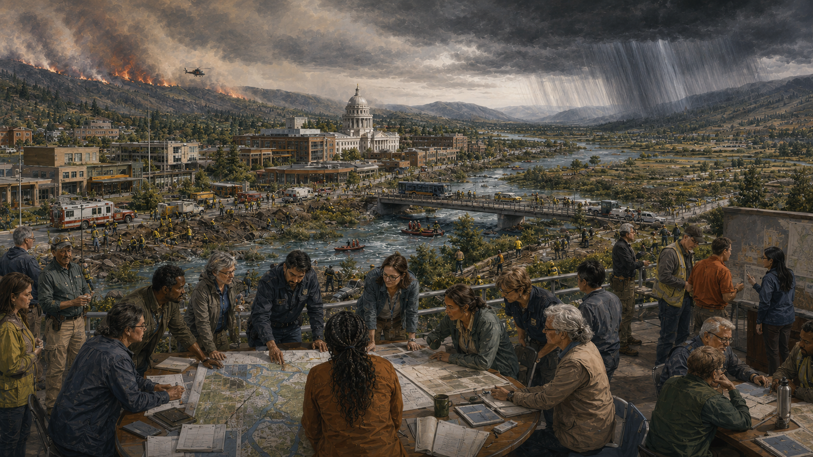 Panoramic illustration of public institutions, emergency responders, planners, infrastructure crews, and community members coordinating response during wildfire, flood, and storm disruption.