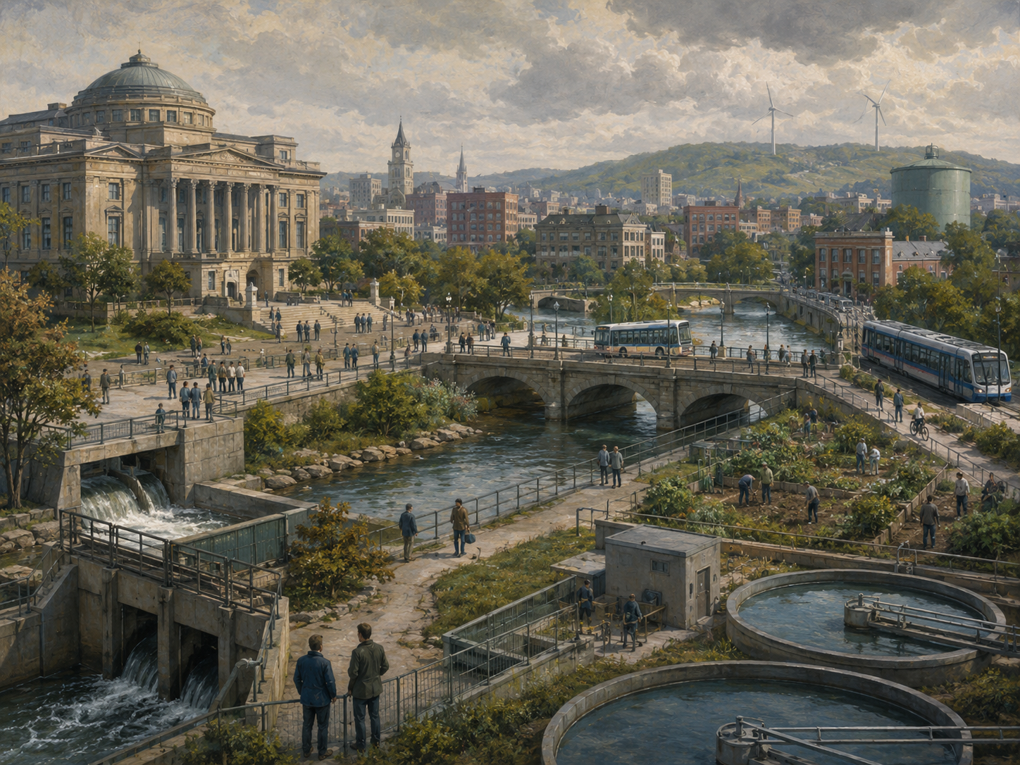 Restrained civic illustration of a city managing shared public systems, including waterways, transit, green space, utilities, and public institutions.