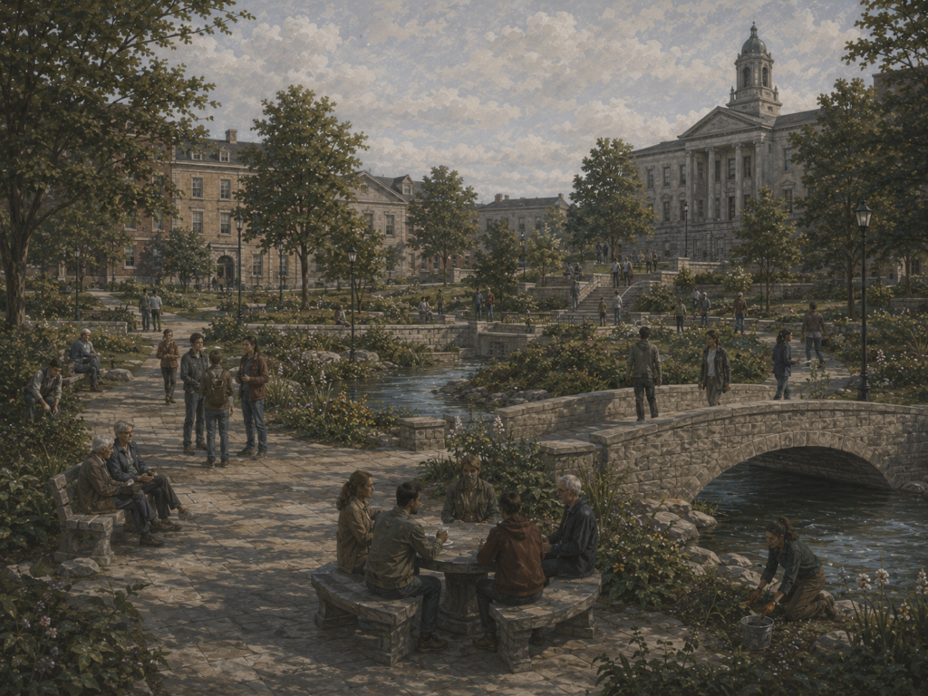 Restrained civic illustration of people gathering peacefully in a public park near institutional buildings, stone bridges, gardens, and a stream.