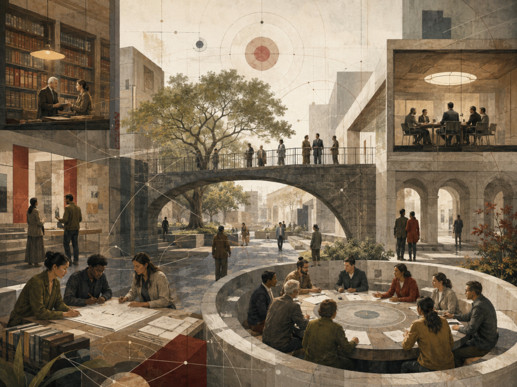 Restrained institutional illustration of people working, meeting, reviewing records, and collaborating across civic organizational spaces, representing values and behavioral expectations.