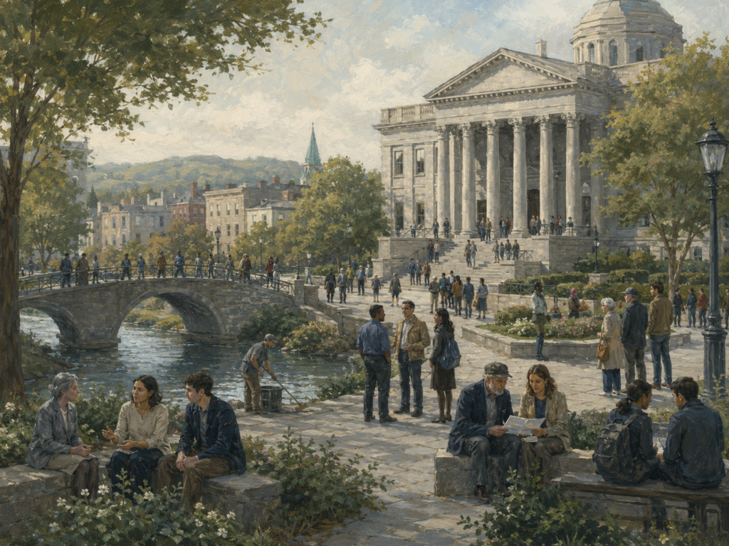 Restrained civic illustration of people interacting peacefully near institutional buildings, a stone bridge, river, gardens, and public walkways.