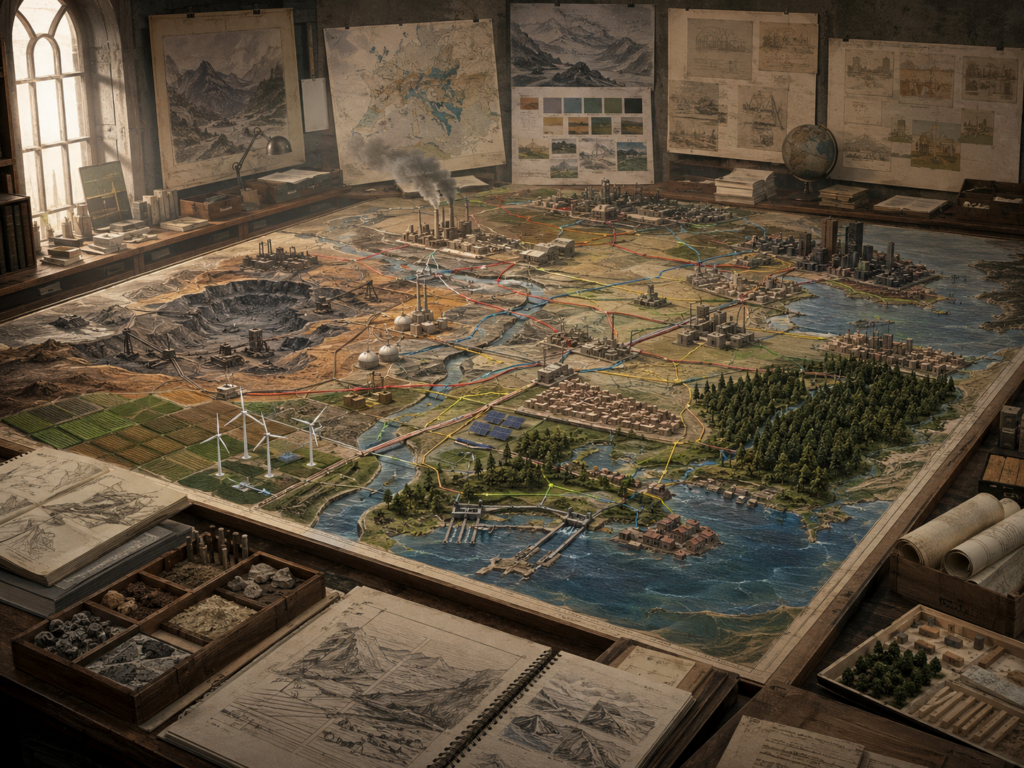 Institutional research studio with a large regional systems model showing energy, land use, industry, cities, forests, water systems, agriculture, coastlines, and climate-related infrastructure.