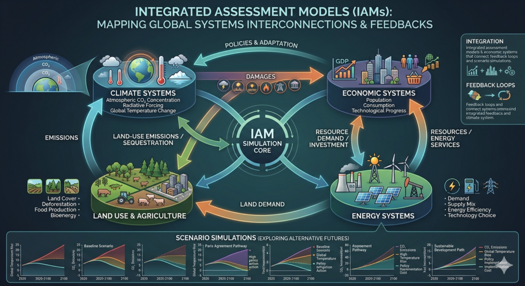 Diagram showing integrated assessment models connecting economic growth, energy systems, land use, and climate dynamics through feedback loops and scenario modeling.