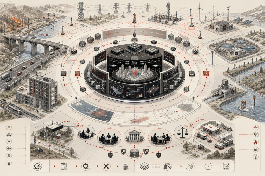 Editorial scientific illustration showing AI as a governed media-system architecture with synthetic media pathways, provenance chains, verification gates, recommender flows, disinformation-risk signals, correction loops, public trust, and accountability structures.