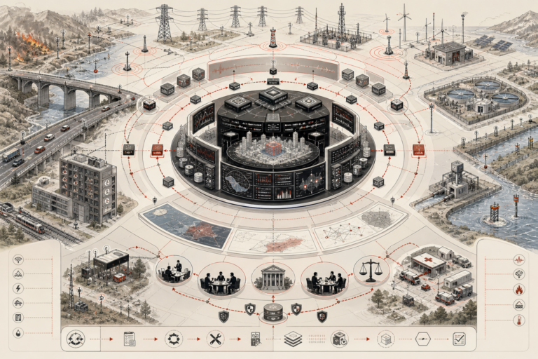 Editorial scientific illustration showing AI as a governed media-system architecture with synthetic media pathways, provenance chains, verification gates, recommender flows, disinformation-risk signals, correction loops, public trust, and accountability structures.