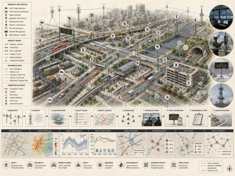 Restrained intelligent transportation network diagram showing roads, rail, buses, freight, traffic sensors, telemetry, congestion maps, operations centers, public information, and adaptive response pathways.