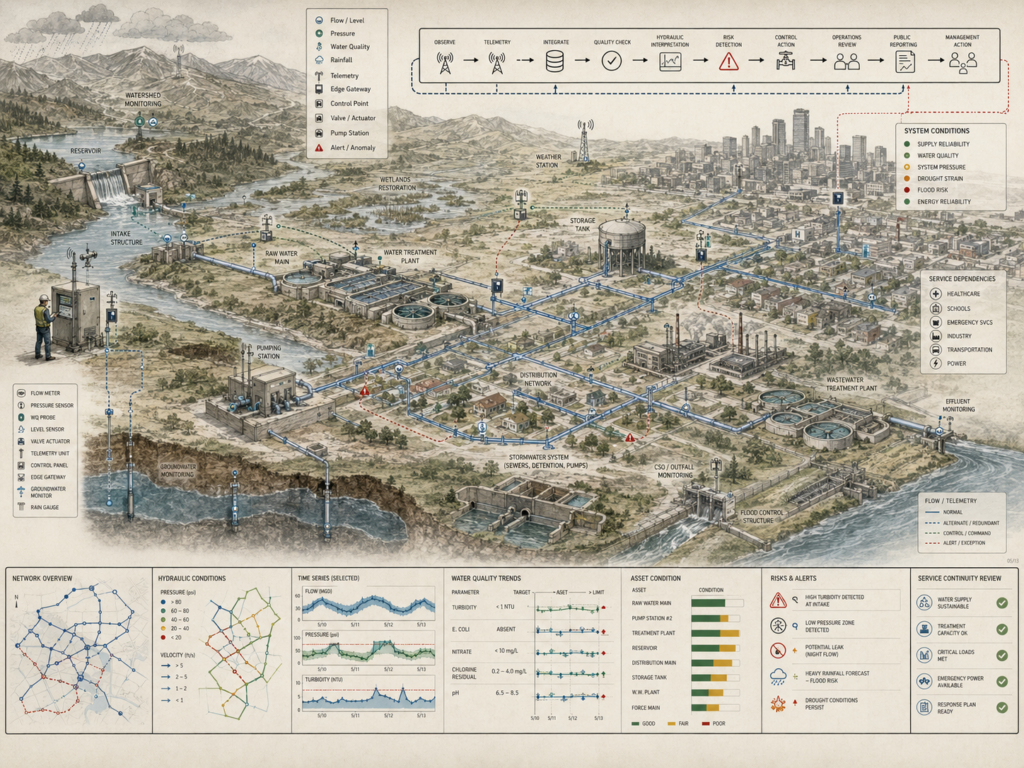 Restrained intelligent water infrastructure diagram showing reservoirs, treatment plants, distribution networks, groundwater monitoring, stormwater systems, wastewater facilities, sensors, telemetry, quality trends, risk alerts, and control pathways.