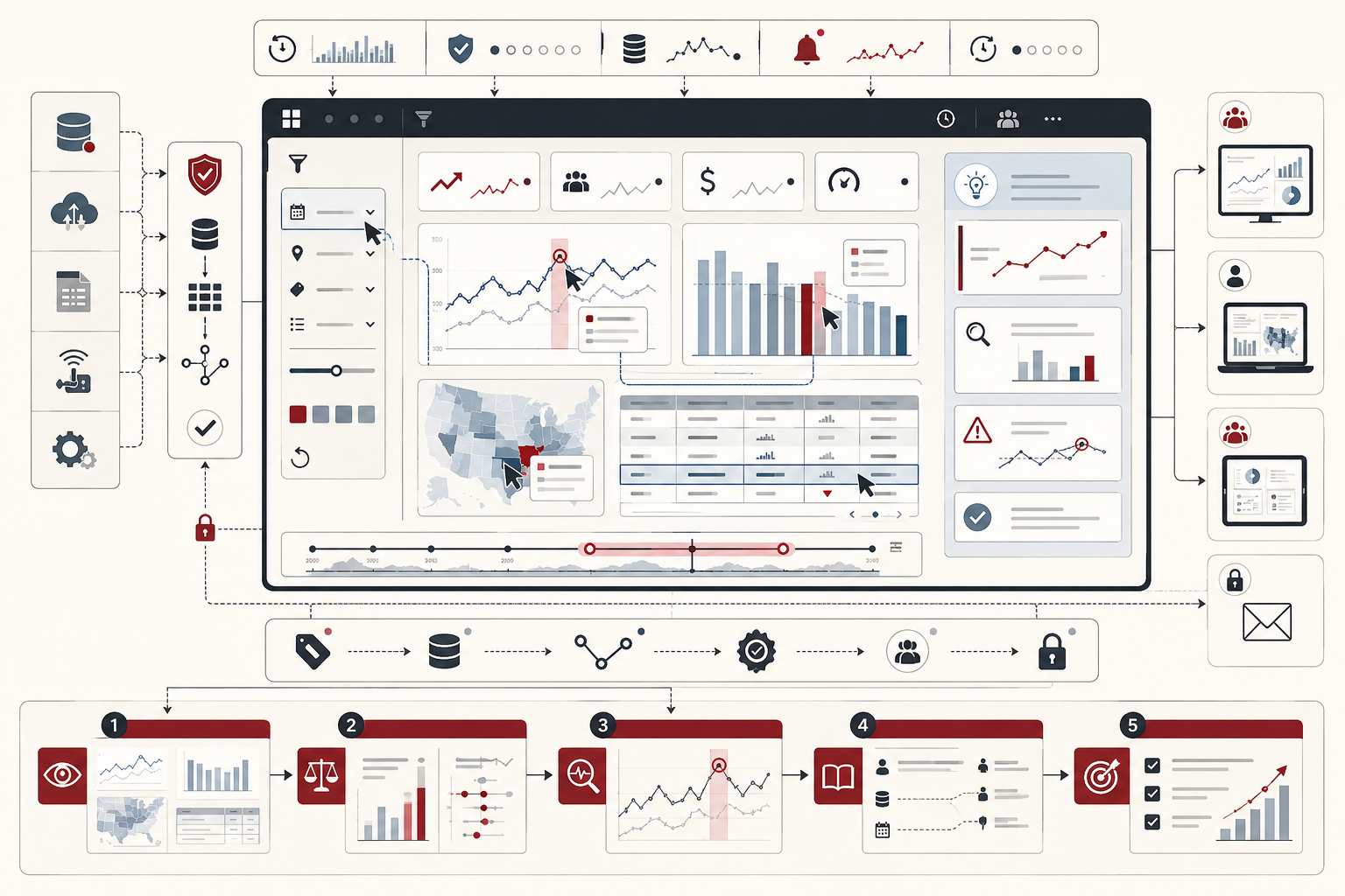 Conceptual data-systems illustration showing an interactive analytics dashboard with charts, maps, filters, monitoring alerts, exploratory controls, narrative panels, governance checks, and decision-support outputs.