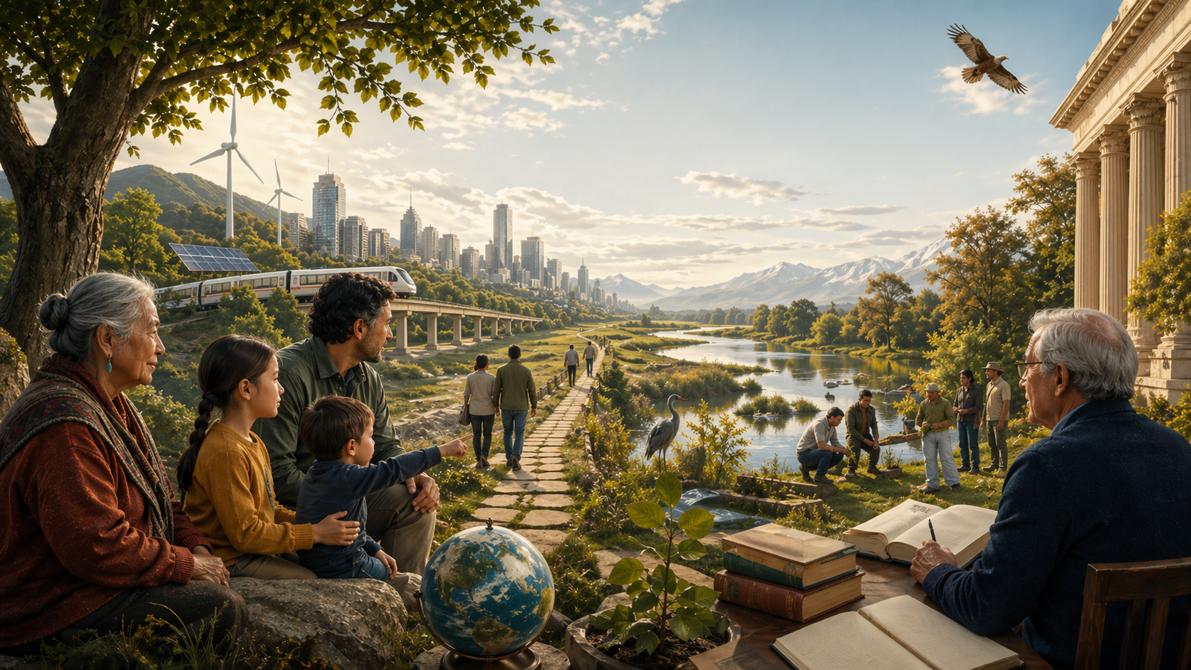 Editorial illustration of multiple generations looking across a restored landscape with wetlands, public institutions, renewable infrastructure, transit, trees, water systems, and future-oriented stewardship.