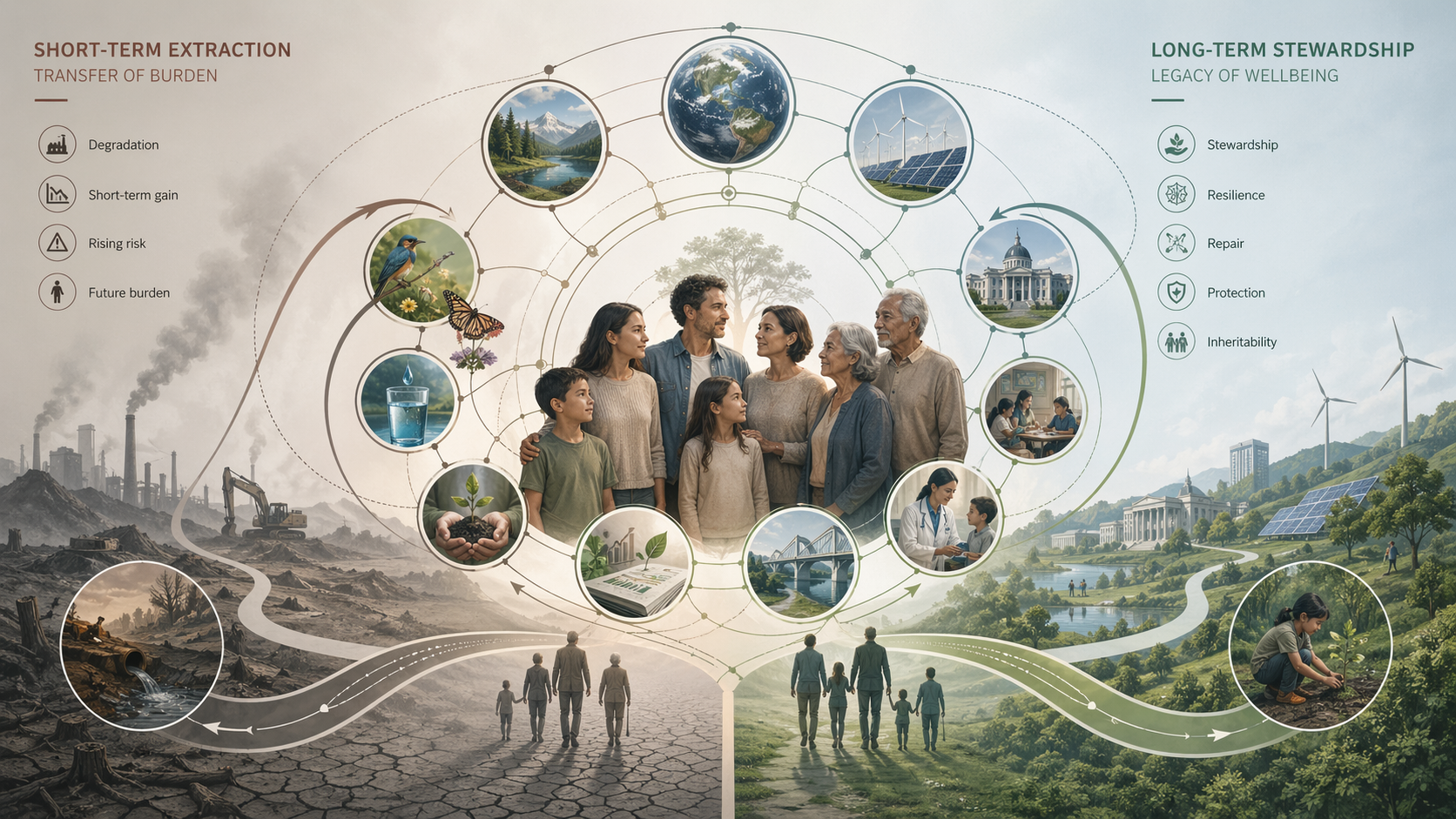 Infographic contrasting short-term extraction and transferred future burden with long-term stewardship, resilience, repair, protection, inheritability, renewable infrastructure, ecological restoration, public institutions, and future wellbeing.