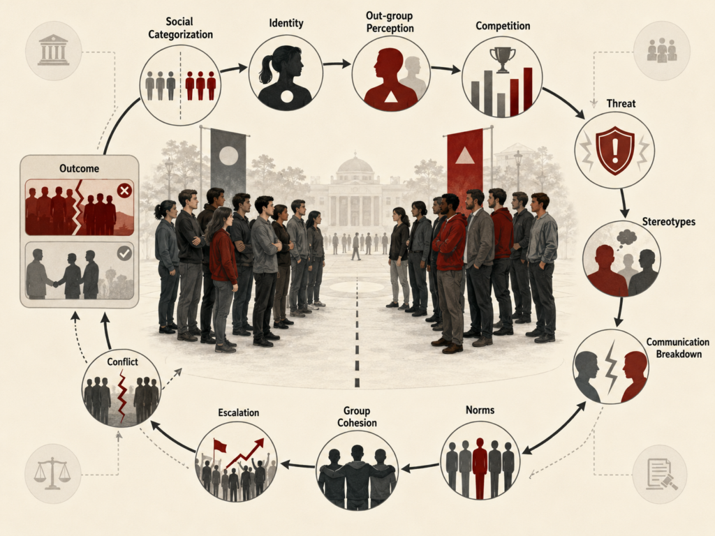 Restrained institutional research illustration showing intergroup conflict as a social-psychological process involving social categorization, group identity, out-group perception, competition, threat, stereotypes, communication breakdown, group cohesion, escalation, and conflict outcomes.