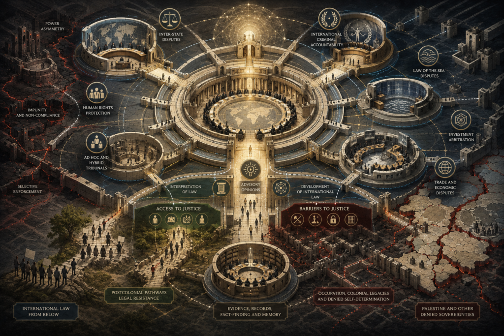 Abstract legal-studies illustration of international courts and tribunals, showing plural judicial forums, consent-based jurisdiction, advisory opinions, criminal accountability, human-rights review, arbitration, unequal access, and selective enforcement.