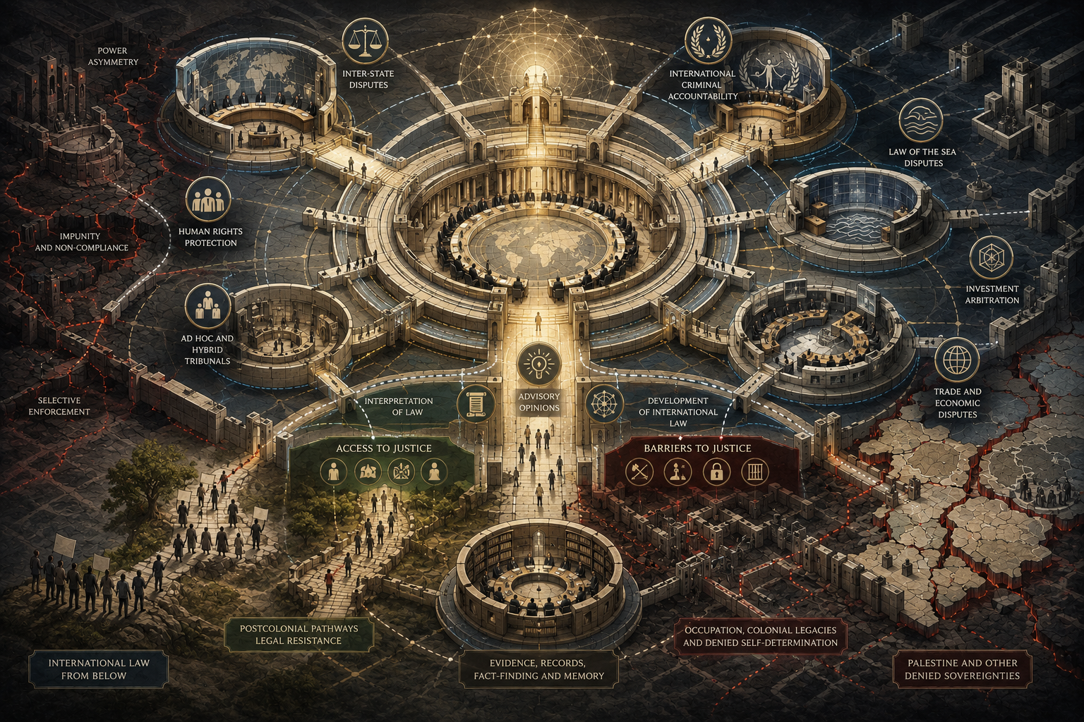Abstract legal-studies illustration of international courts and tribunals, showing plural judicial forums, consent-based jurisdiction, advisory opinions, criminal accountability, human-rights review, arbitration, unequal access, and selective enforcement.