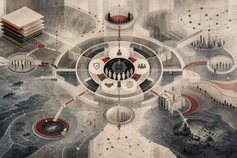 Editorial illustration of international law shown as a layered global legal system with a central institutional core, circular legal frameworks, treaty-like structures, maritime pathways, human figures, and interconnected chambers representing sovereignty, accountability, and global legal coordination.