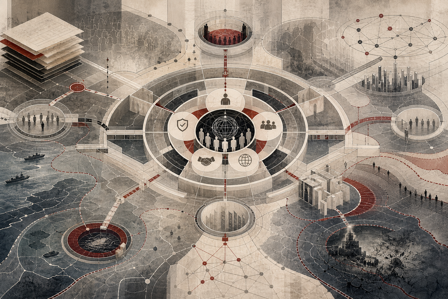 Editorial illustration of international law shown as a layered global legal system with a central institutional core, circular legal frameworks, treaty-like structures, maritime pathways, human figures, and interconnected chambers representing sovereignty, accountability, and global legal coordination.